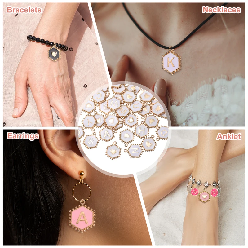52 Pcs Letter Initial Charm A-Z Hexagon Letter Charm(White)
