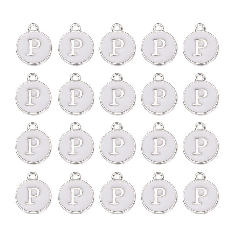 36pcs Letter P Pendants Double Sided Charm Enamel Alphabet Pendant White & White
