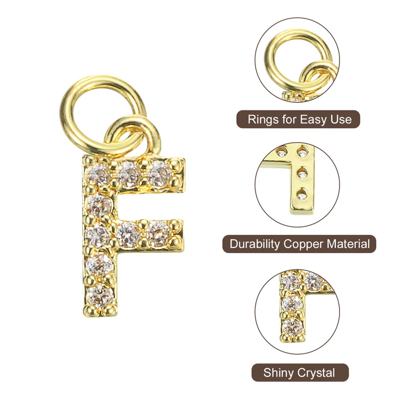 Rhinestone Letter Charm, 8pcs 3.2mm Copper F Letter Charm, Golden