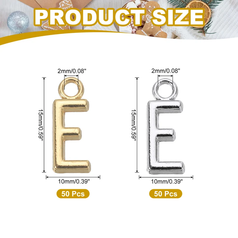 0.3" Letter Charm A-Z for Jewelry Making - E (100 Pack, Bright Silver/Dark Gold)