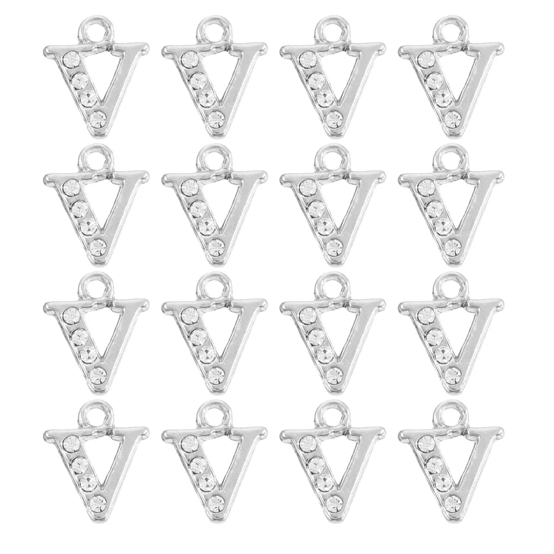Rhinestone Letter Charm, 16pcs 1.5mm Metal V Letter Charm, Silver