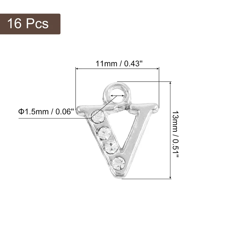 Rhinestone Letter Charm, 16pcs 1.5mm Metal V Letter Charm, Silver