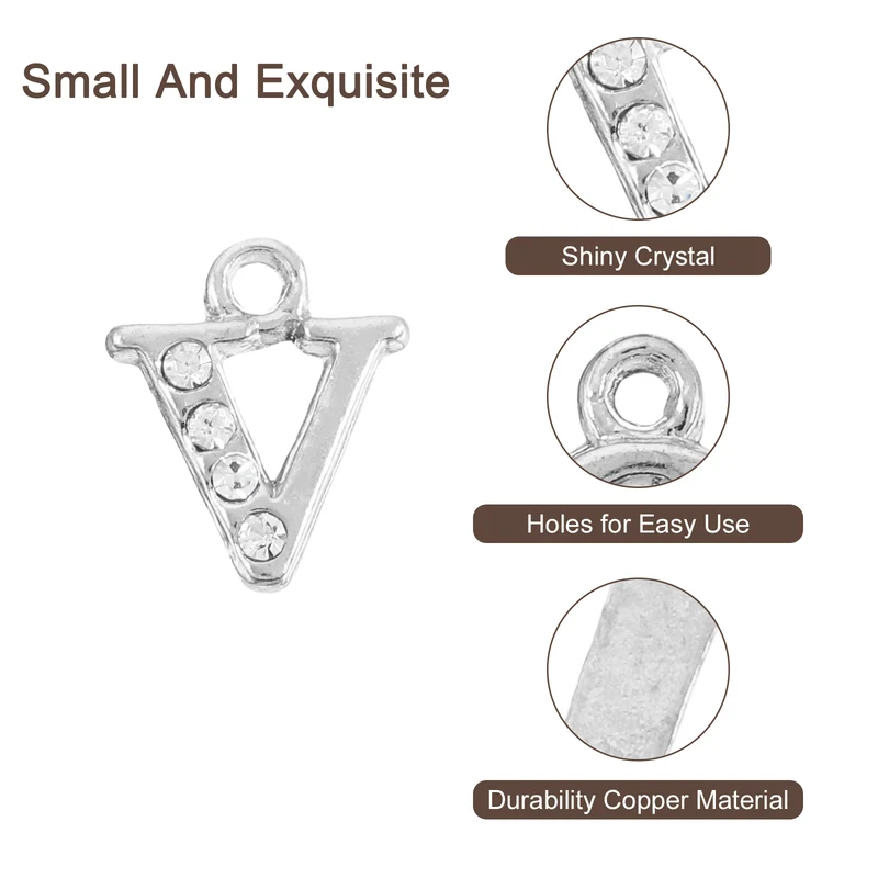 Rhinestone Letter Charm, 16pcs 1.5mm Metal V Letter Charm, Silver