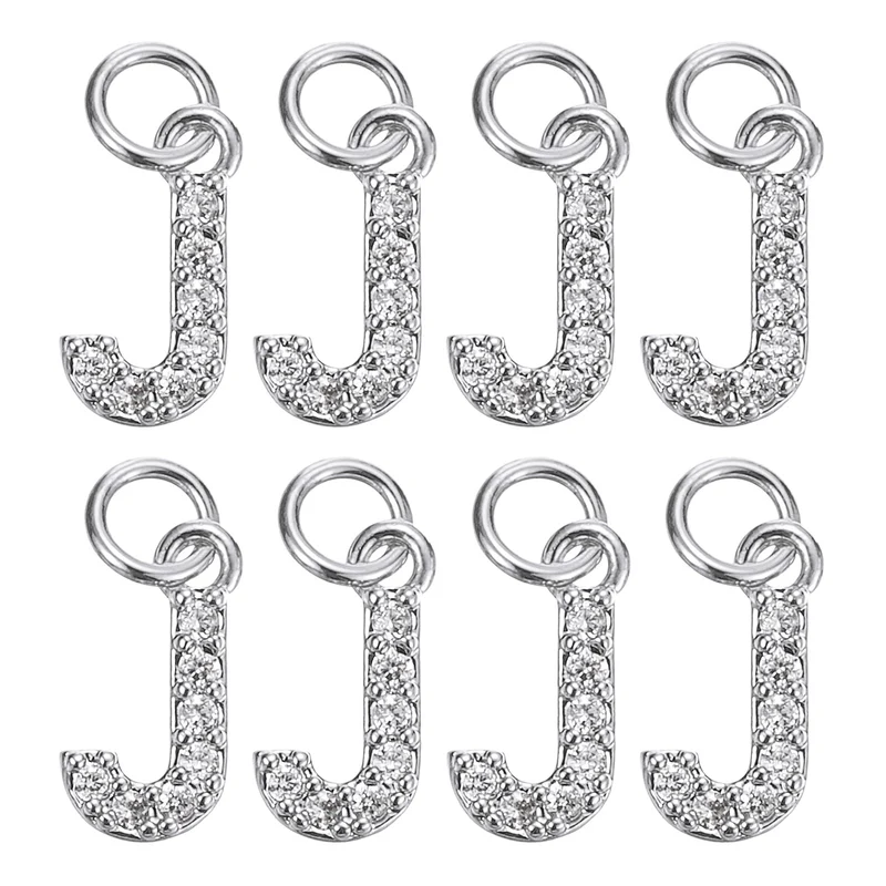 Rhinestone Letter Charm, 8pcs 3.2mm Copper J Letter Charm, White Gold