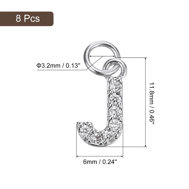 Rhinestone Letter Charm, 8pcs 3.2mm Copper J Letter Charm, White Gold