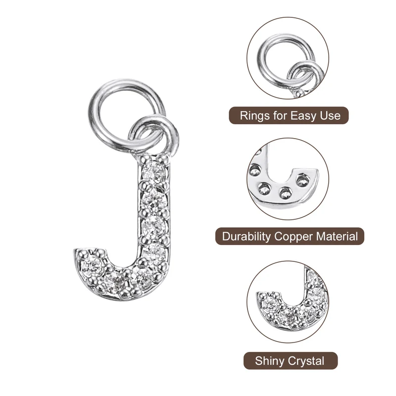 Rhinestone Letter Charm, 8pcs 3.2mm Copper J Letter Charm, White Gold