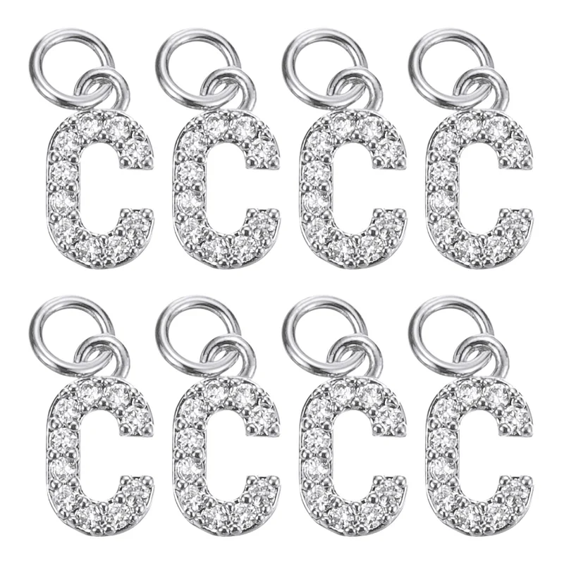 Rhinestone Letter Charm, 8pcs 3.2mm Copper C Letter Charm, White Gold