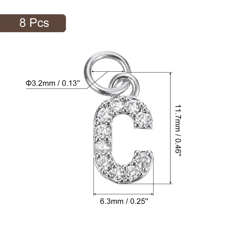 Rhinestone Letter Charm, 8pcs 3.2mm Copper C Letter Charm, White Gold