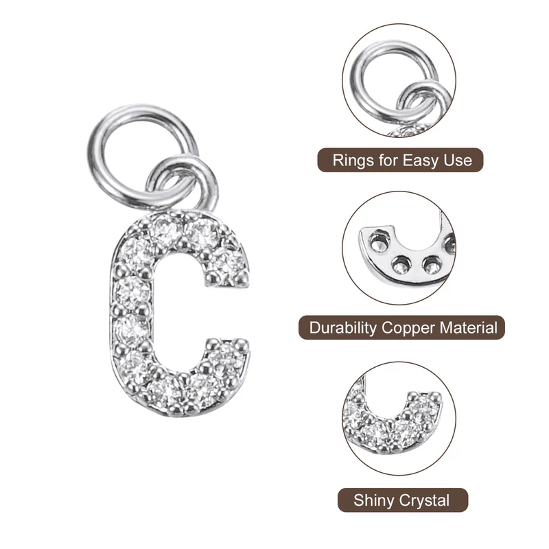 Rhinestone Letter Charm, 8pcs 3.2mm Copper C Letter Charm, White Gold