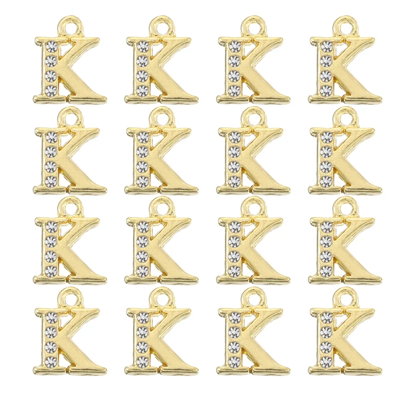 Rhinestone Letter Charm, 16pcs 1.5mm Metal K Letter Charm, Gold