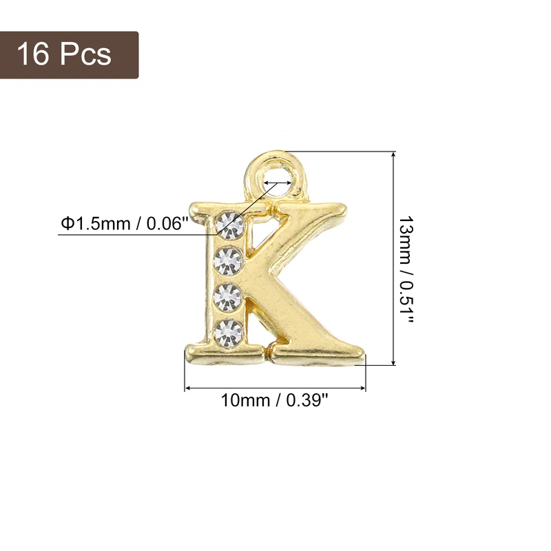 Rhinestone Letter Charm, 16pcs 1.5mm Metal K Letter Charm, Gold