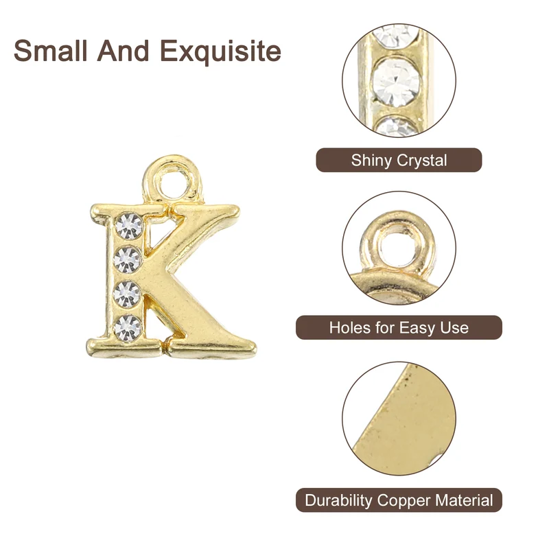 Rhinestone Letter Charm, 16pcs 1.5mm Metal K Letter Charm, Gold