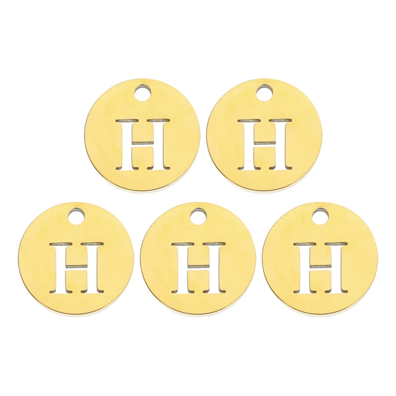 Alphabet Letter Charm Letter H 12mm(1/2") Round Capital Alphabet Charm Stainless Steel Gold Tone for Pendant, DIY Jewelry Making, Pack of 5