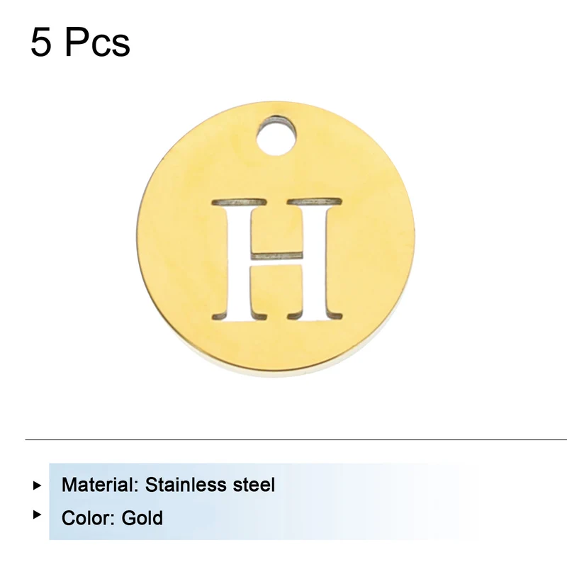 Alphabet Letter Charm Letter H 12mm(1/2") Round Capital Alphabet Charm Stainless Steel Gold Tone for Pendant, DIY Jewelry Making, Pack of 5
