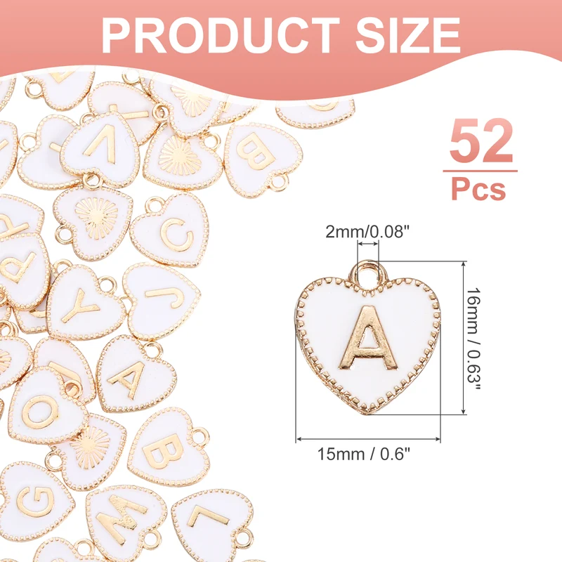 52 Pcs Letter Initial Charm A-Z Heart Letter Charm(White)