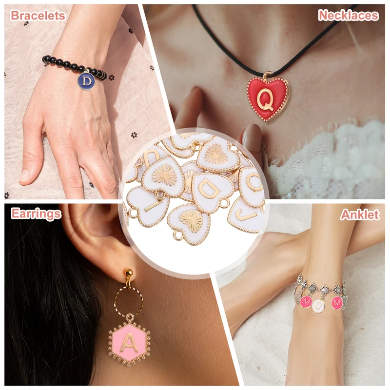 52 Pcs Letter Initial Charm A-Z Heart Letter Charm(White)