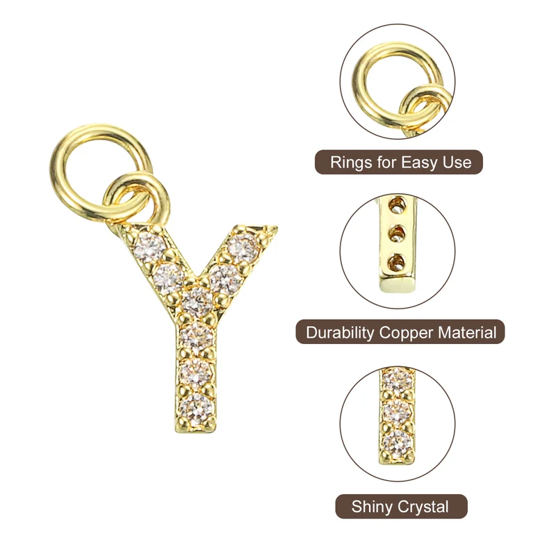 Rhinestone Letter Charm, 8pcs 3.2mm Copper Y Letter Charm, Golden