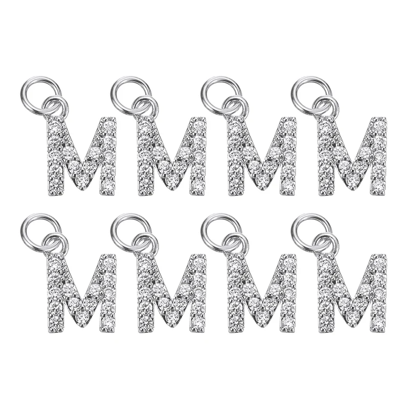 Rhinestone Letter Charm, 8pcs 3.2mm Copper M Letter Charm, White Gold