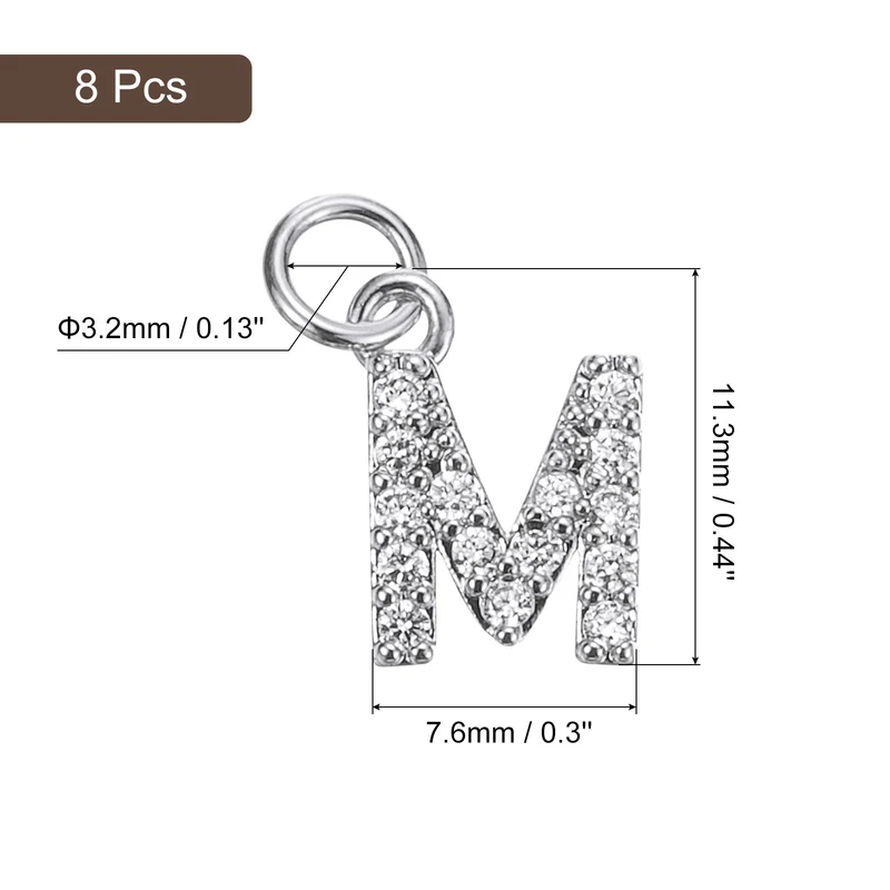 Rhinestone Letter Charm, 8pcs 3.2mm Copper M Letter Charm, White Gold