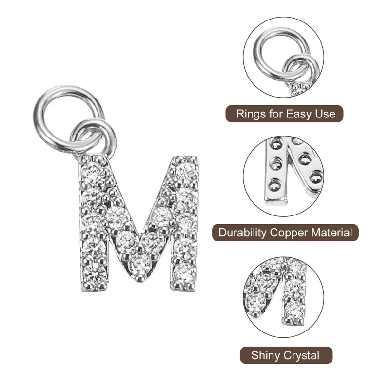 Rhinestone Letter Charm, 8pcs 3.2mm Copper M Letter Charm, White Gold