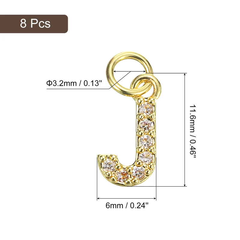 8pcs Rhinestone Letter Charm 3.2mm Copper J Letter Charm Golden