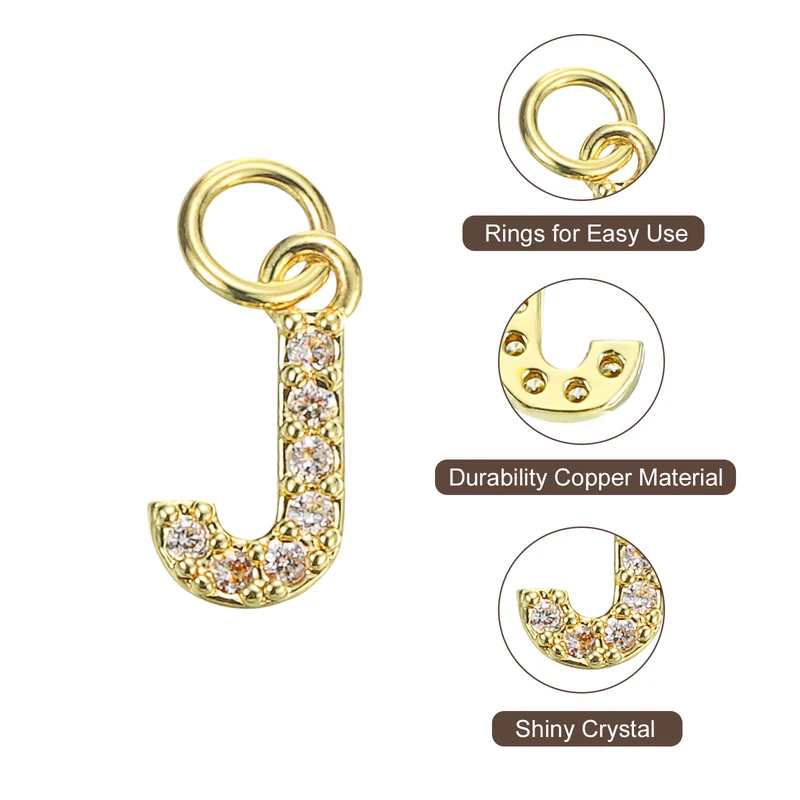 8pcs Rhinestone Letter Charm 3.2mm Copper J Letter Charm Golden