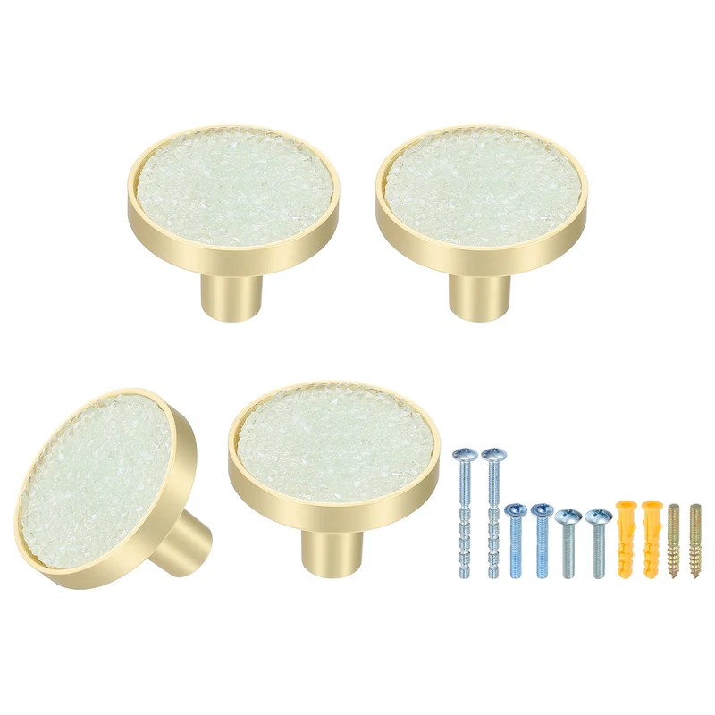 4Pcs Gold Cabinet Knobs 1-1/4" Round Knobs Cabinet Handles, Diamond Light Blue