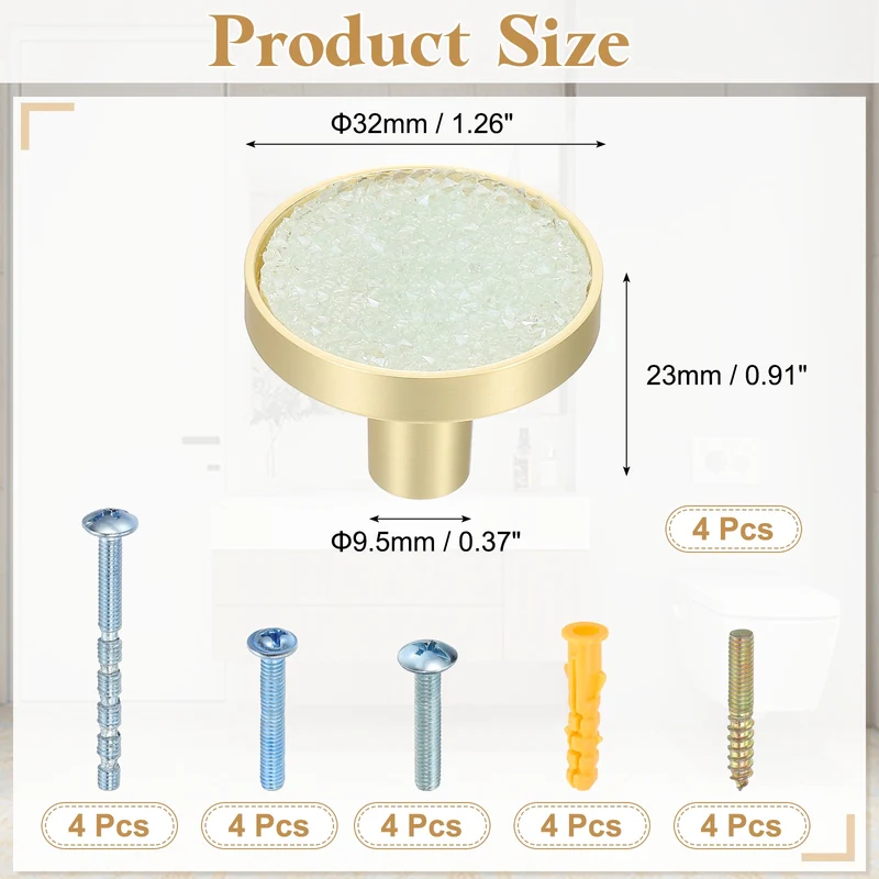 4Pcs Gold Cabinet Knobs 1-1/4" Round Knobs Cabinet Handles, Diamond Light Blue