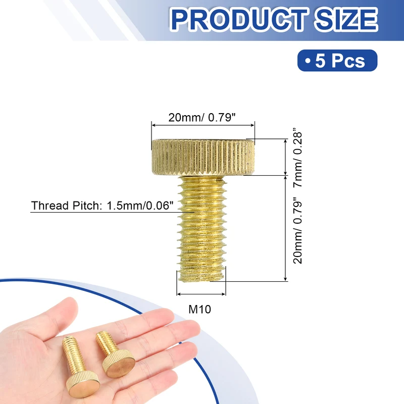 5Pcs Brass Knurled Thumb Screws, M10x20mm Flat Stripe Bolt Knob Fasteners