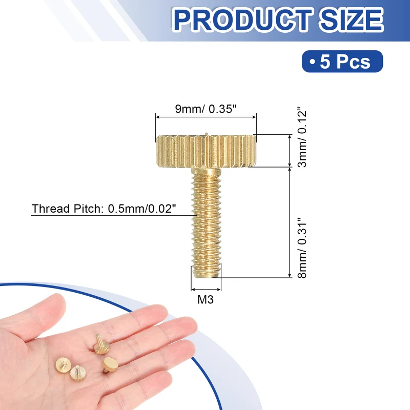 5Pcs Brass Knurled Thumb Screws, M3x8mm Flat Stripe Bolt Knob Fasteners