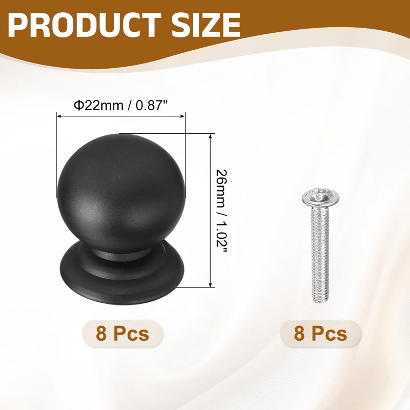 8Pcs Cabinet Knobs, 0.87" Single Hole Round Ball Drawer Knob with Screws, Black