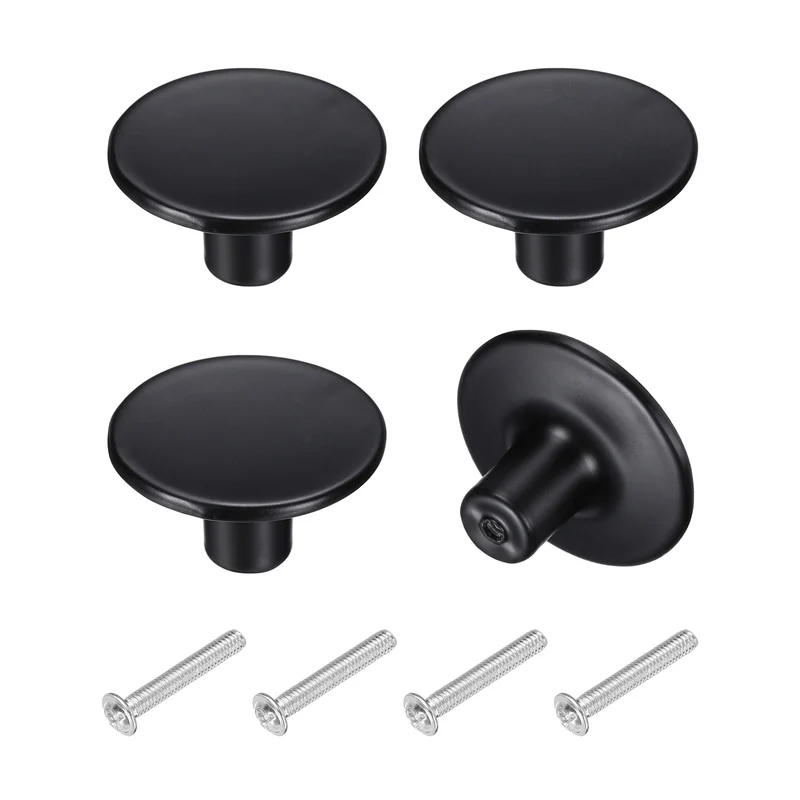 4Pcs Cabinet Knobs, 1.54" Single Hole Round Drawer Knob with Screws, Black