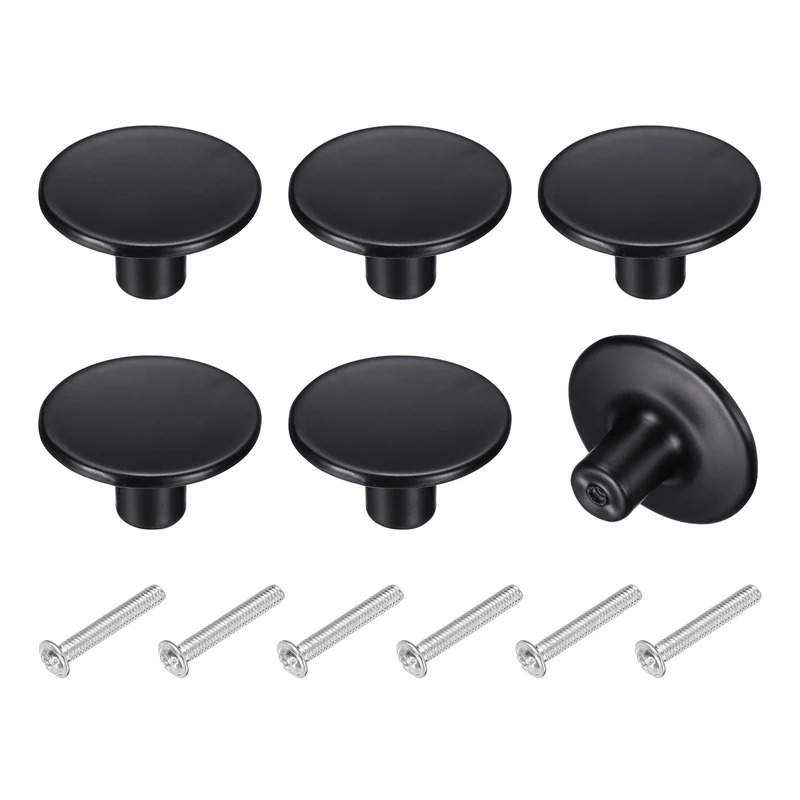 6Pcs Cabinet Knobs, 1.54" Single Hole Round Drawer Knob with Screws, Black