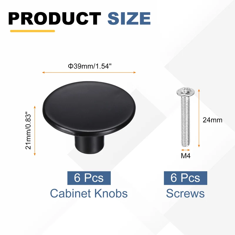 6Pcs Cabinet Knobs, 1.54" Single Hole Round Drawer Knob with Screws, Black