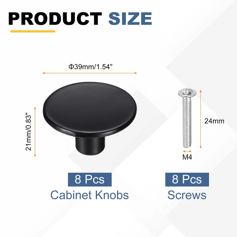 8Pcs Cabinet Knobs, 1.54" Single Hole Round Drawer Knob with Screws, Black