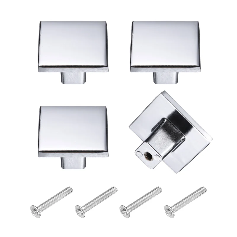 4Pcs Cabinet Knobs, 1.24" Single Hole Square Drawer Knob with Screws, Silver
