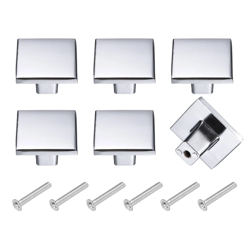 6Pcs Cabinet Knobs, 1.24" Single Hole Square Drawer Knob with Screws, Silver