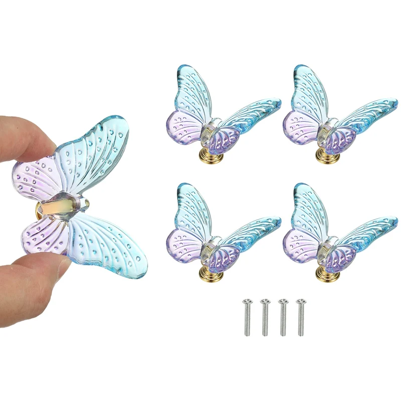 4Pcs Crystal Cabinet Knob 1.5" x 1.5" Butterfly Dresser Knob Decoration Purple