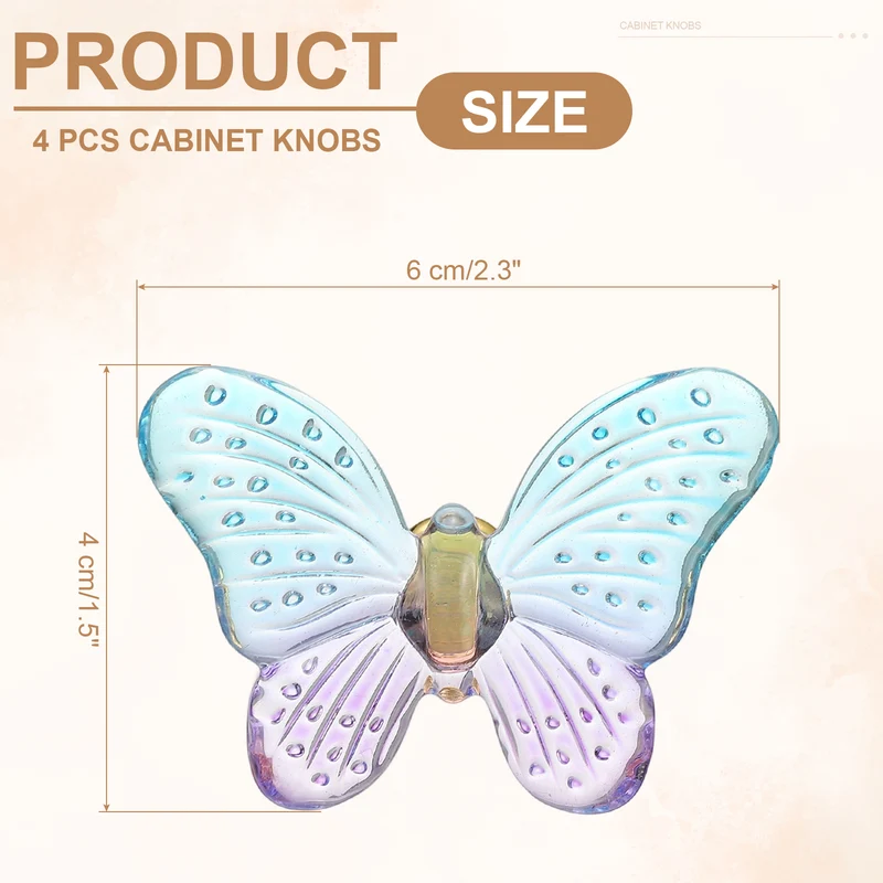 4Pcs Crystal Cabinet Knob 1.5" x 1.5" Butterfly Dresser Knob Decoration Purple
