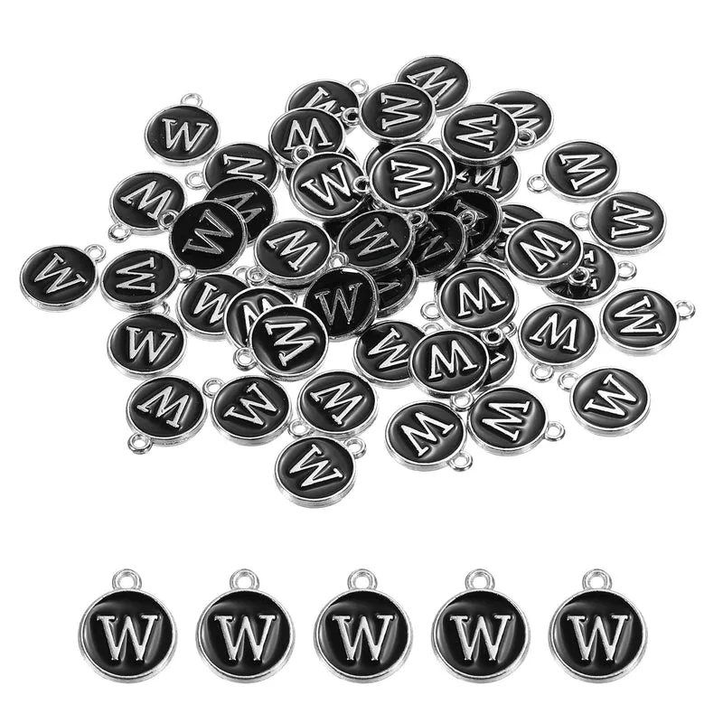 50 Pcs Alphabet W Enamel Letter Charm Enamel Initial Charm Black