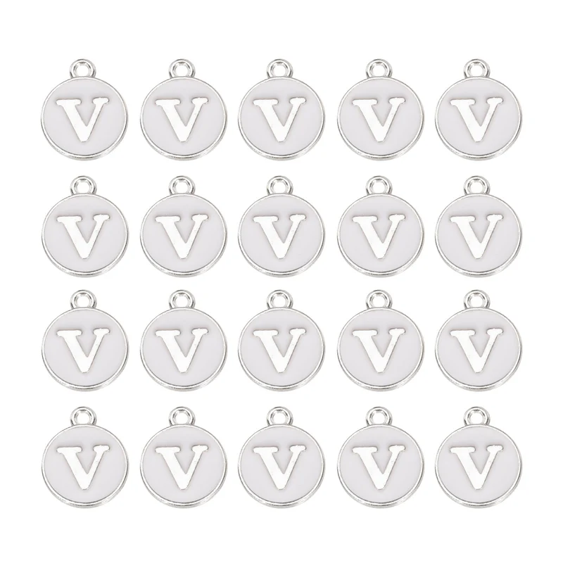 36pcs Letter V Pendants Double Sided Charm Enamel Alphabet Pendant White & White