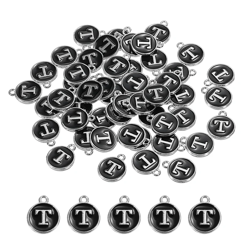 50 Pcs Alphabet T Enamel Letter Charm Enamel Initial Charm Black