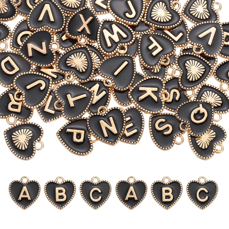 52 Pcs Letter Initial Charm A-Z Heart Letter Charm(Black)