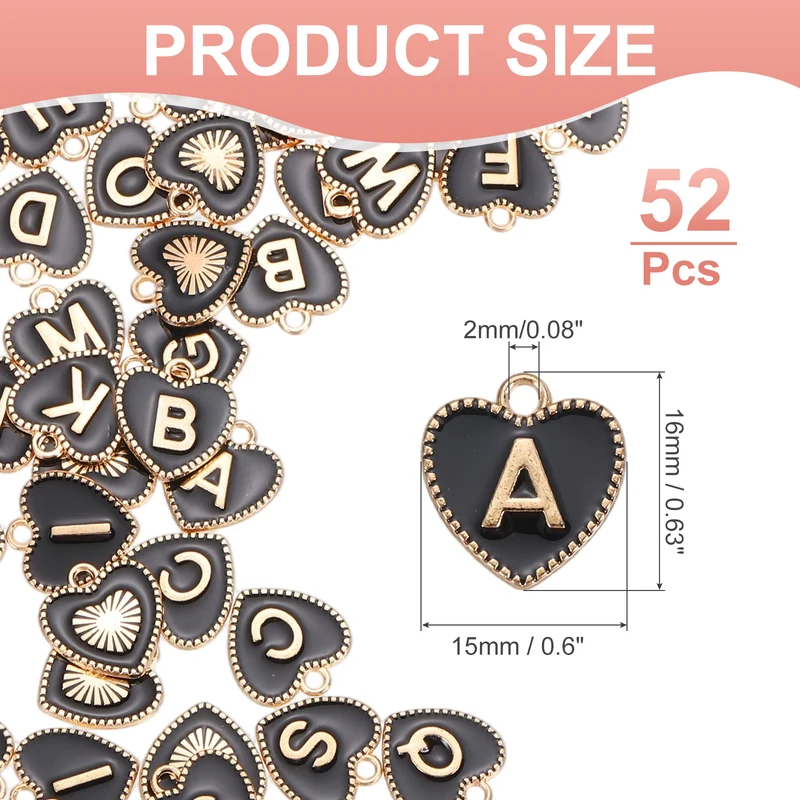 52 Pcs Letter Initial Charm A-Z Heart Letter Charm(Black)