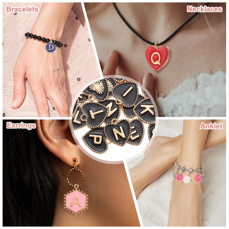 52 Pcs Letter Initial Charm A-Z Heart Letter Charm(Black)