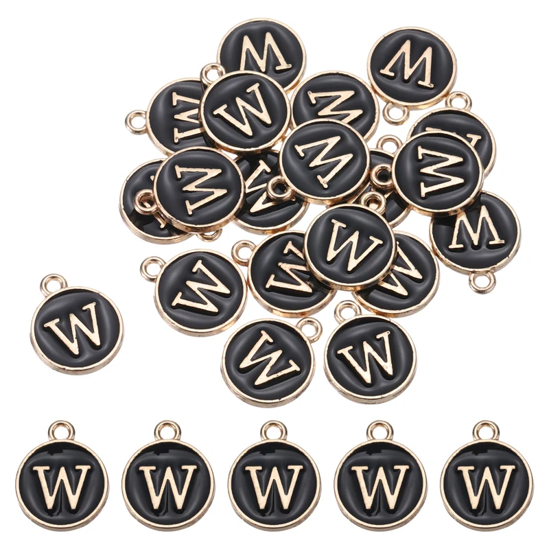 Alphabet w Letter Charm Double Sided Enamel Initial Alphabet Pendant Black 20pcs