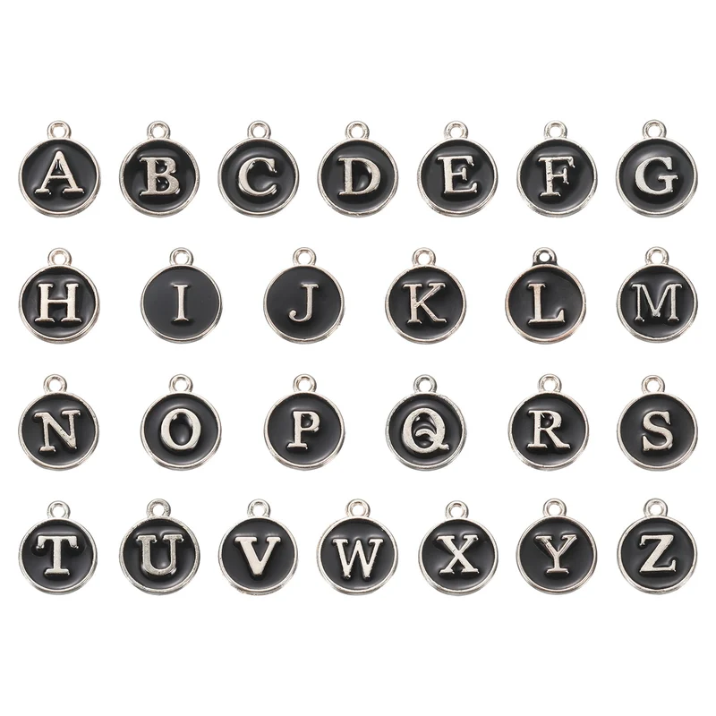 Alphabet A-Z Enamel Letter Charm Enamel Initial Charm Silver Black, 52pcs