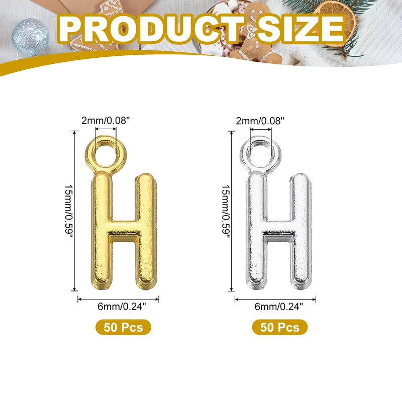 0.3" Letter Charm A-Z for Jewelry Making - H (100 Pack, Dark Silver/Gold)