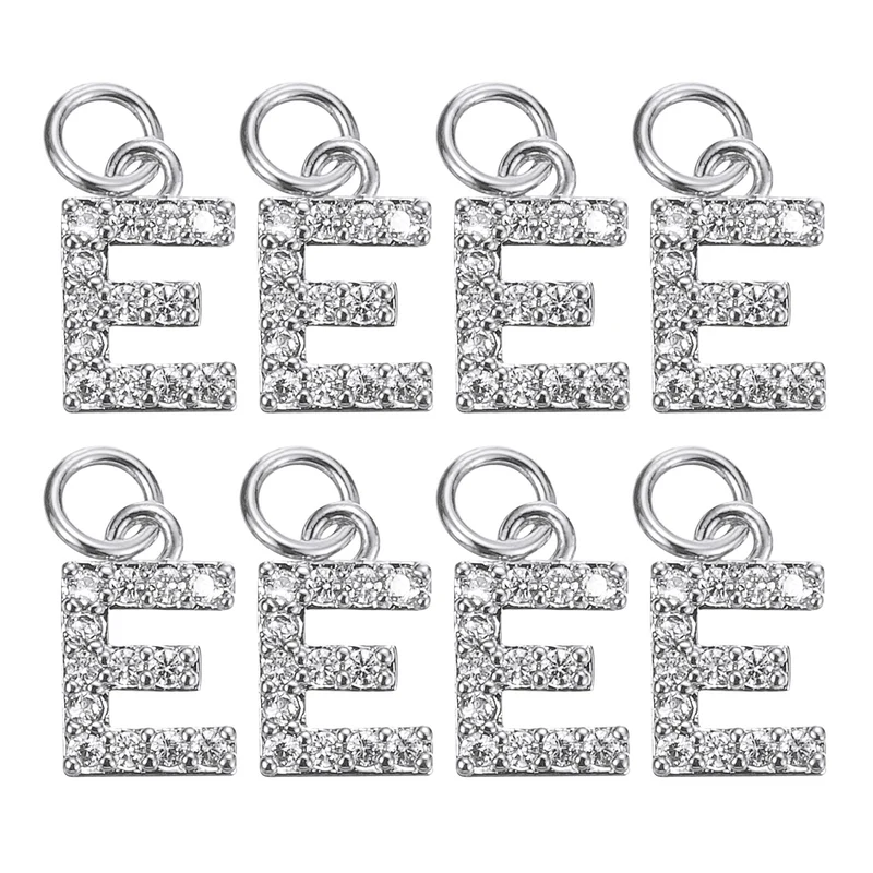 Rhinestone Letter Charm, 8pcs 3.2mm Copper E Letter Charm, White Gold