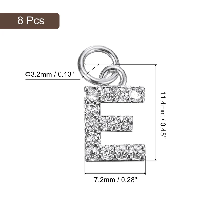 Rhinestone Letter Charm, 8pcs 3.2mm Copper E Letter Charm, White Gold